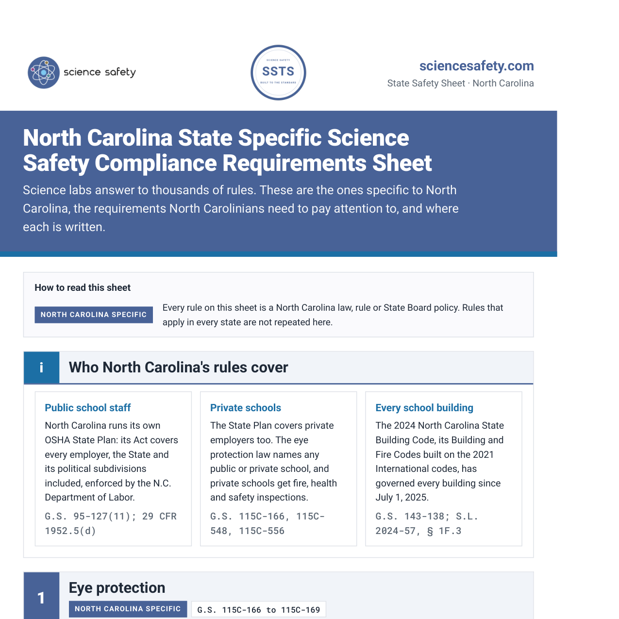 North Carolina science lab safety rules and requirements checklist, page one