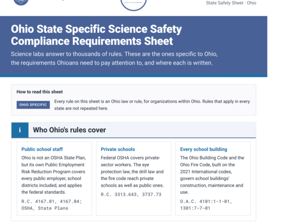 Ohio science lab safety rules and requirements checklist, page one