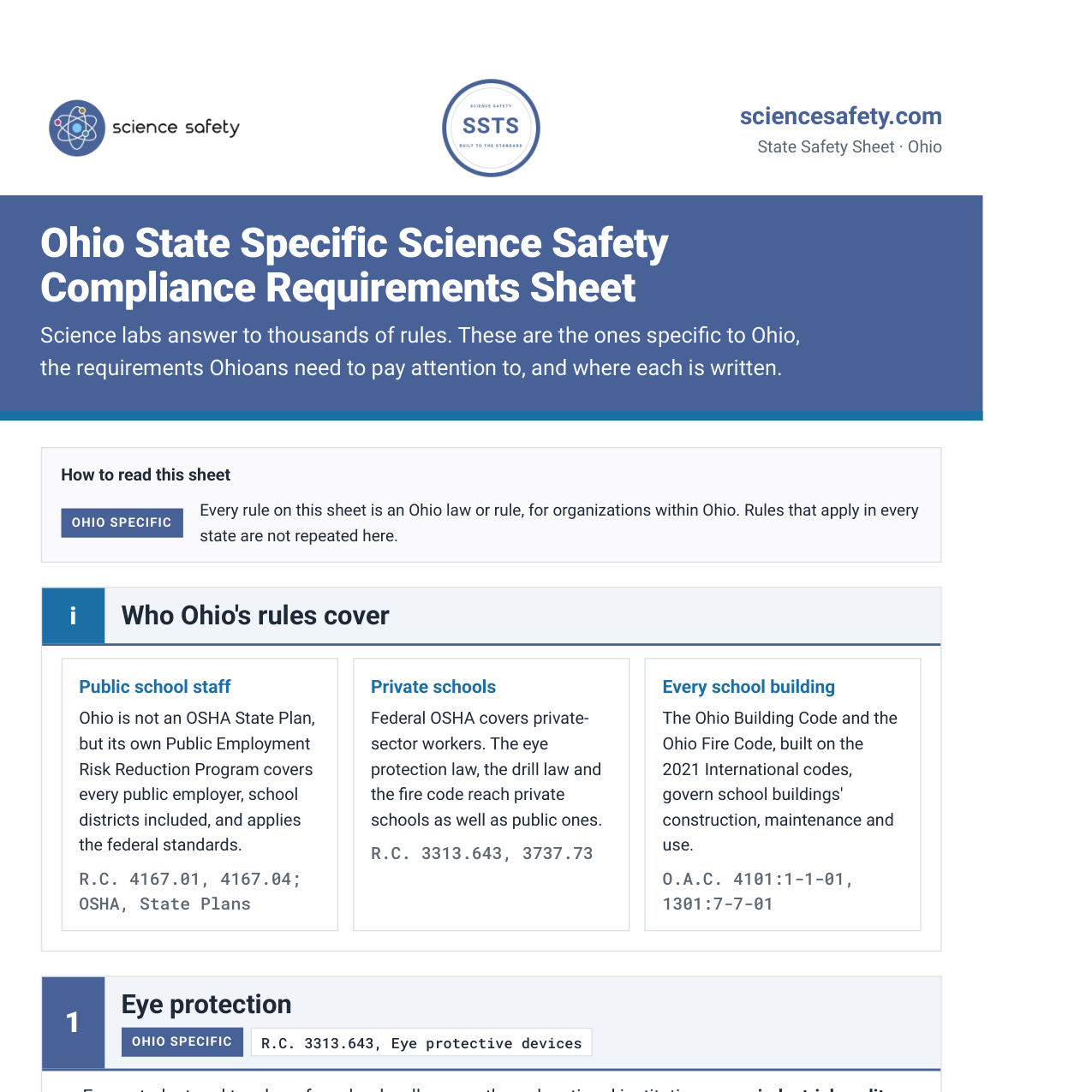 Ohio science lab safety rules and requirements checklist, page one