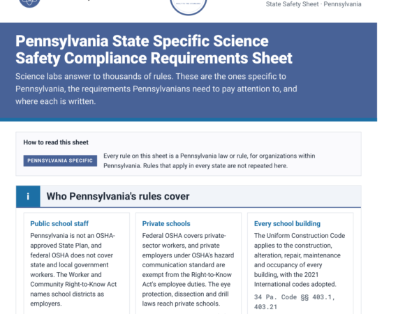 Pennsylvania science lab safety rules and requirements checklist, page one