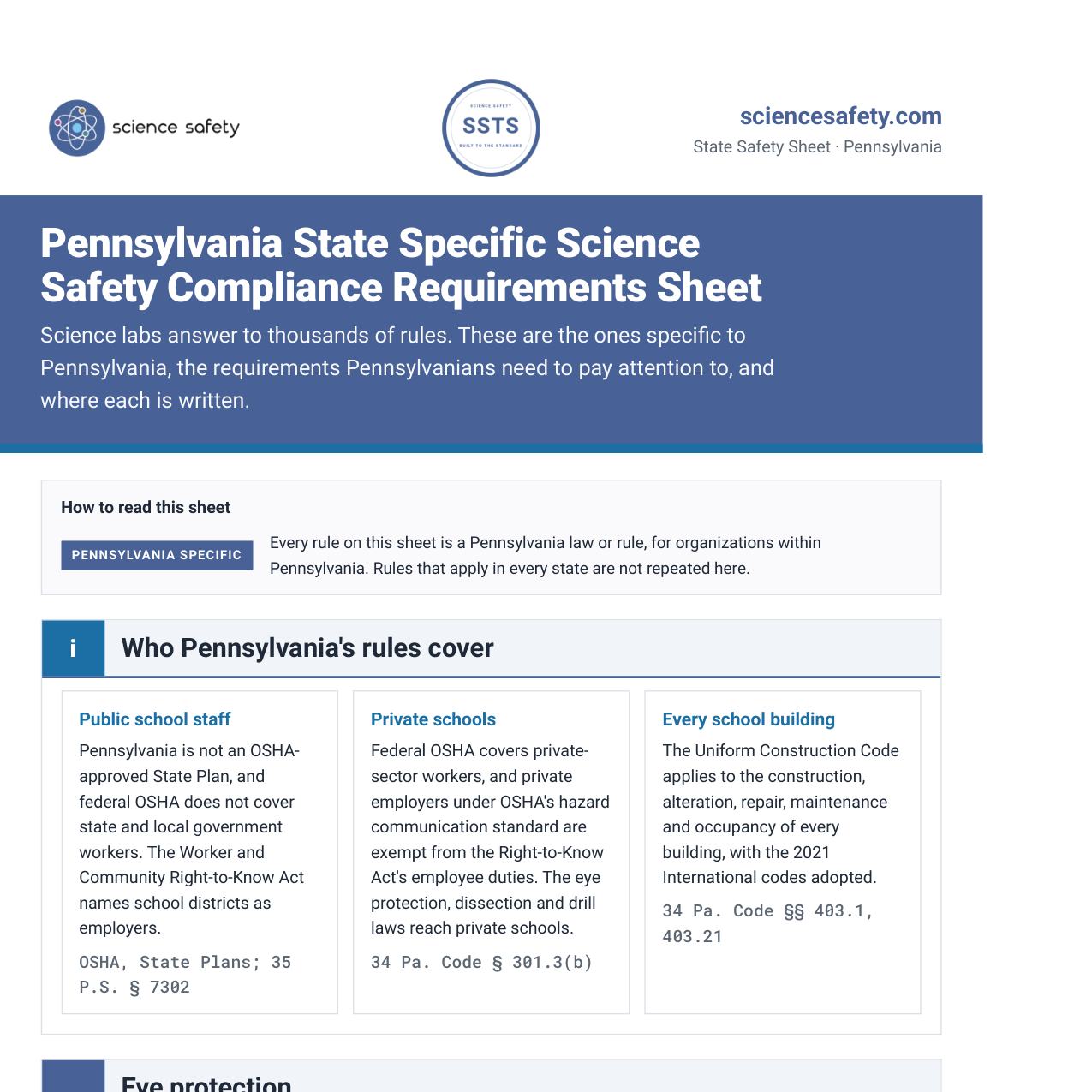 Pennsylvania science lab safety rules and requirements checklist, page one