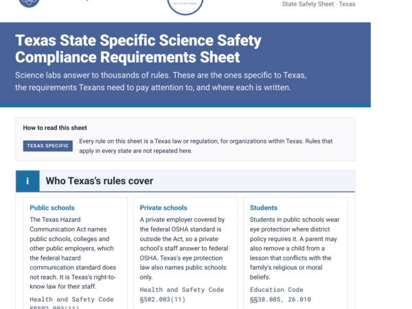 Texas science lab safety rules and requirements checklist, page one