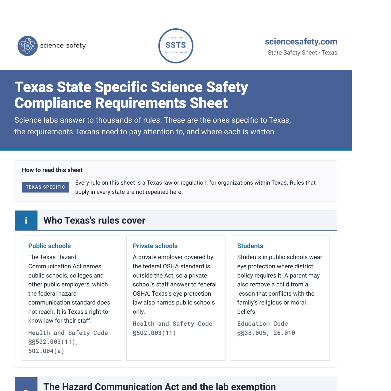 Texas State Specific Science Safety Compliance Requirements Sheet
