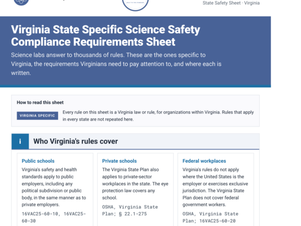 Virginia science lab safety rules and requirements checklist, page one