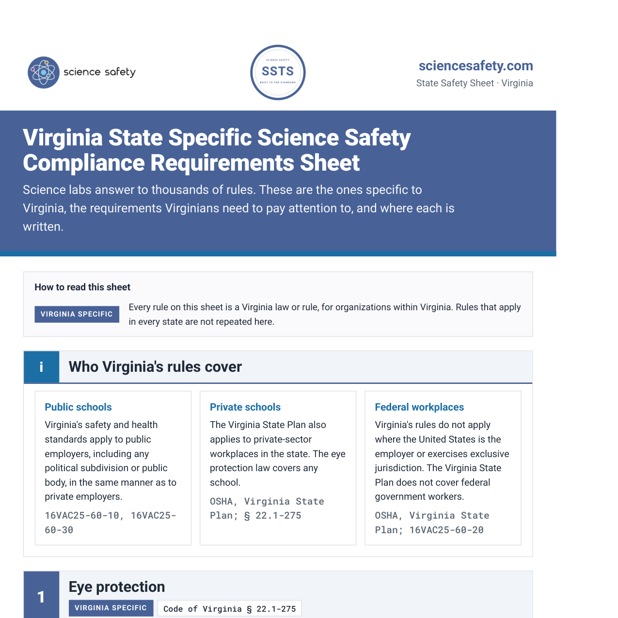 Virginia State Specific Science Safety Compliance Requirements Sheet